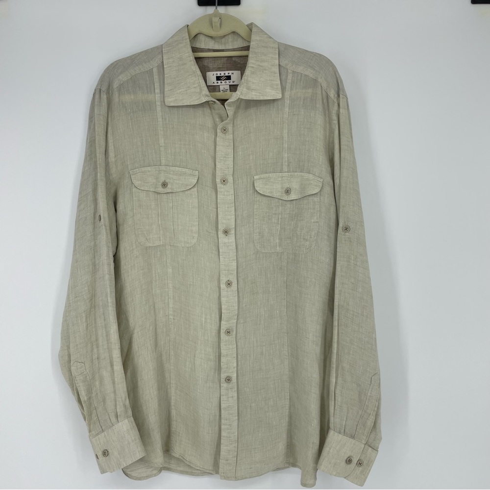 LINEN L Tan Cream  LONG SLEEVE BUTTON DOWN SHIRT